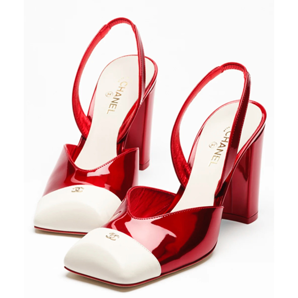 Chanel 26S Blazy Red White Square Toe Sling CC Logo Slingback Block Heel Pump 38 - Picture 3 of 16